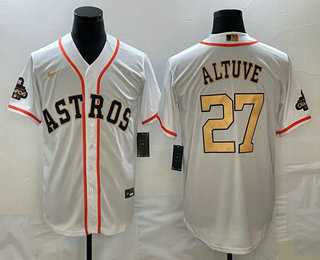 Men%27s Houston Astros #27 Jose Altuve 2023 White Gold World Serise Champions Patch Cool Base Stitched Jersey